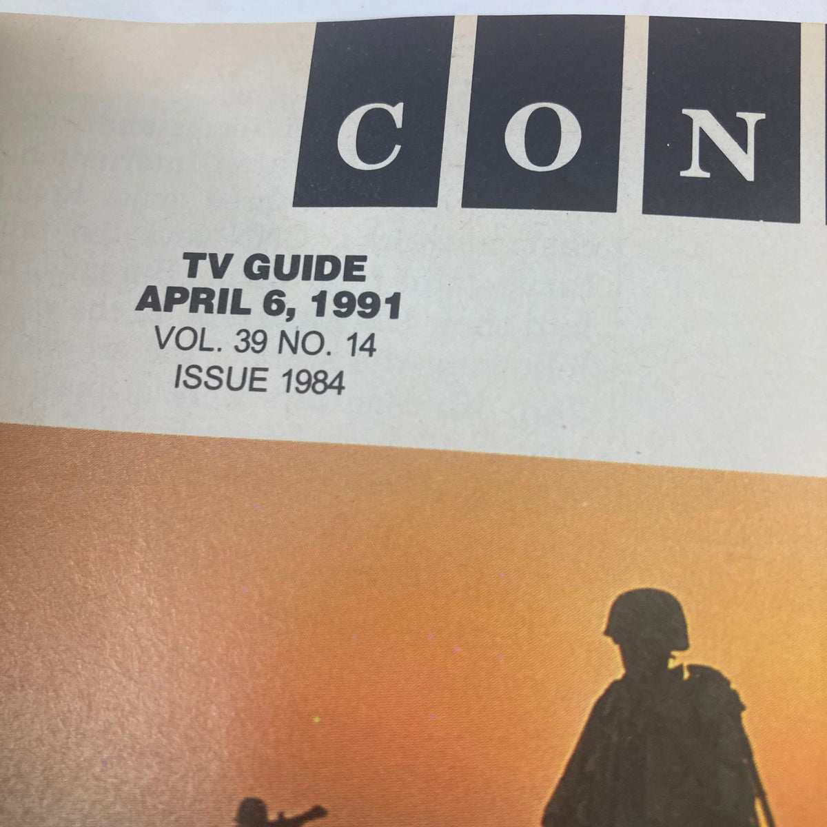 Detail view of the heading on the contents page of TV Guide Magazine April 6, 1991, issue number 1984, showing publication date and issue number.