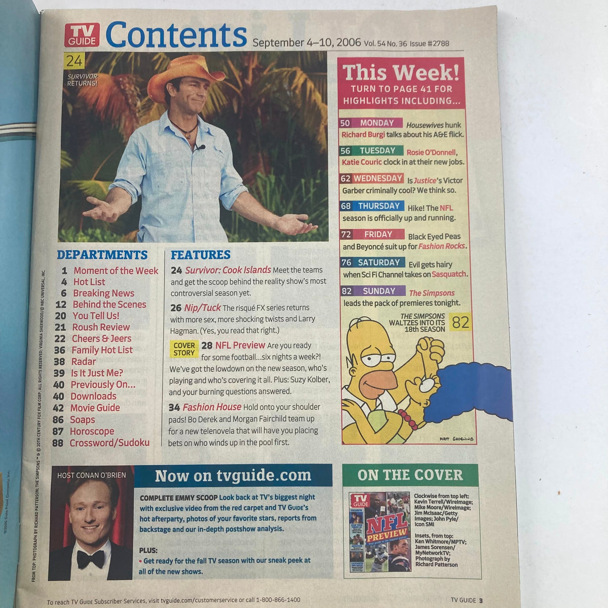 Contents page of TV Guide Magazine September 4, 2006, issue #2788, showcasing featured articles and highlights for that week in television.