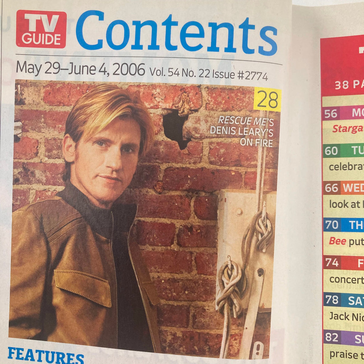 Close-up of contents page from TV Guide Magazine May 29, 2006 issue #2774 featuring Denis Leary, with a focus on the feature story.