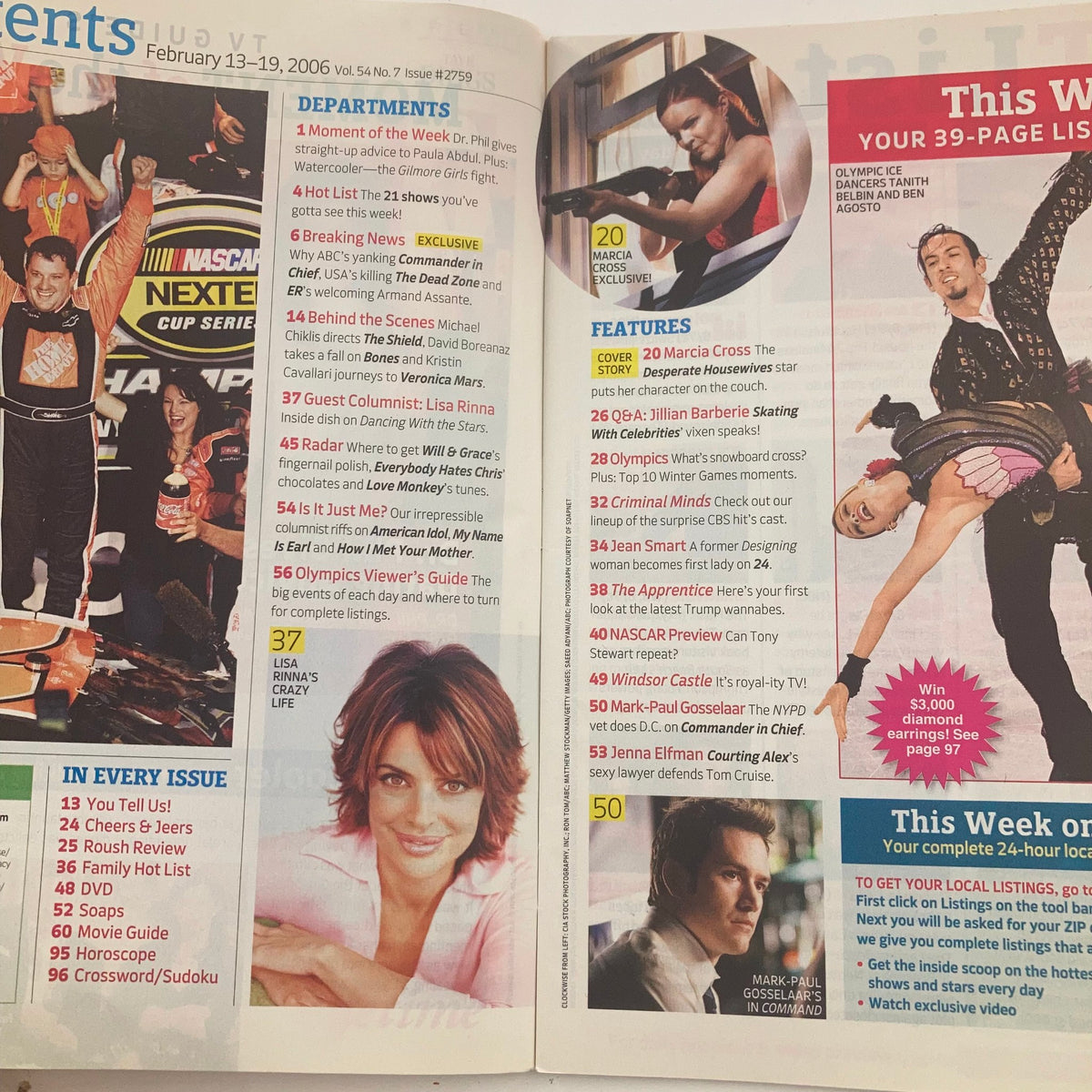 Inside pages of TV Guide Magazine February 13 2006 highlighting features like American Idol and NASCAR alongside celebrity appearances