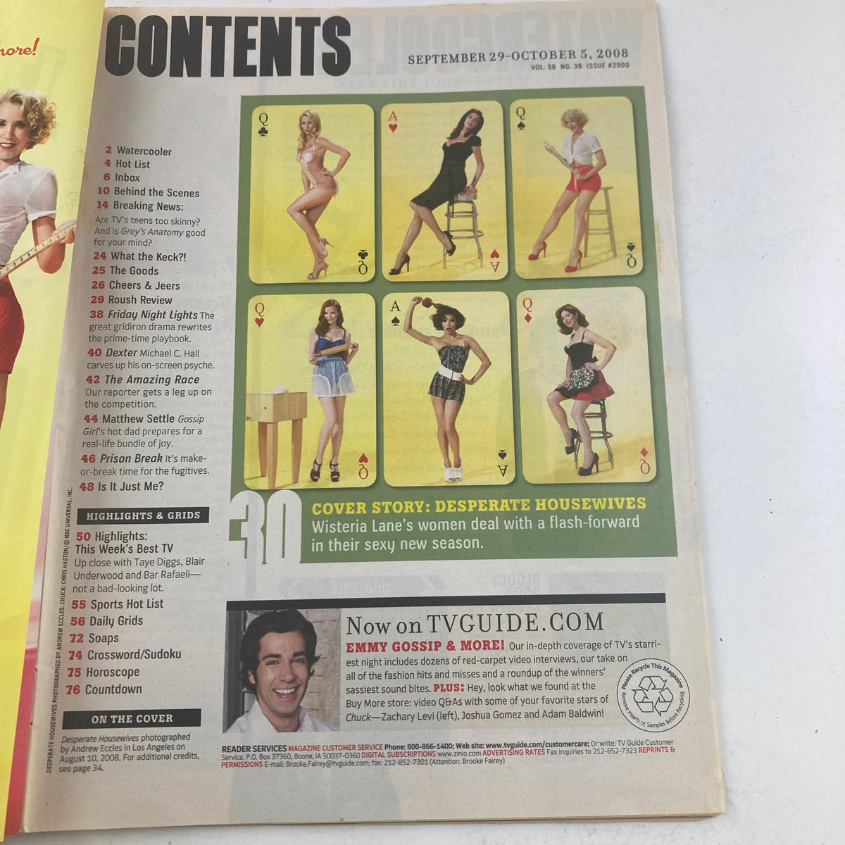 Inside page of TV Guide Magazine September 29 2008 issue number 2900 displaying the contents section with models in various outfits, focusing on the cover story about 'Desperate Housewives' featuring Wisteria Lane's women.