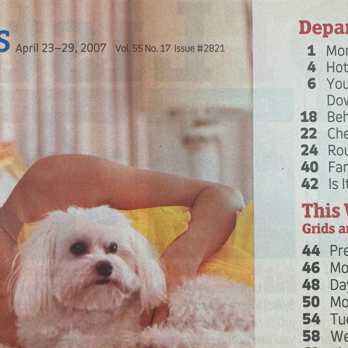 Close-up of the TV Guide Magazine April 23 2007, showcasing the contents, with emphasis on Eva Longoria and a pet dog, illustrating early 2000s pop culture.