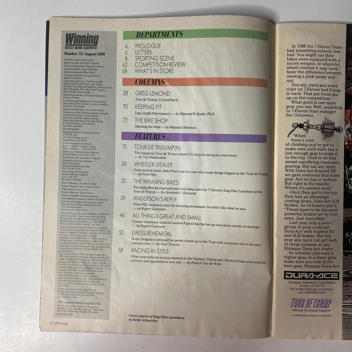Interior page from the August 1989 issue of Winning Bicycle Racing Illustrated, No. 73, featuring the table of contents and column highlights, showcasing articles about cycling and notable cyclists.