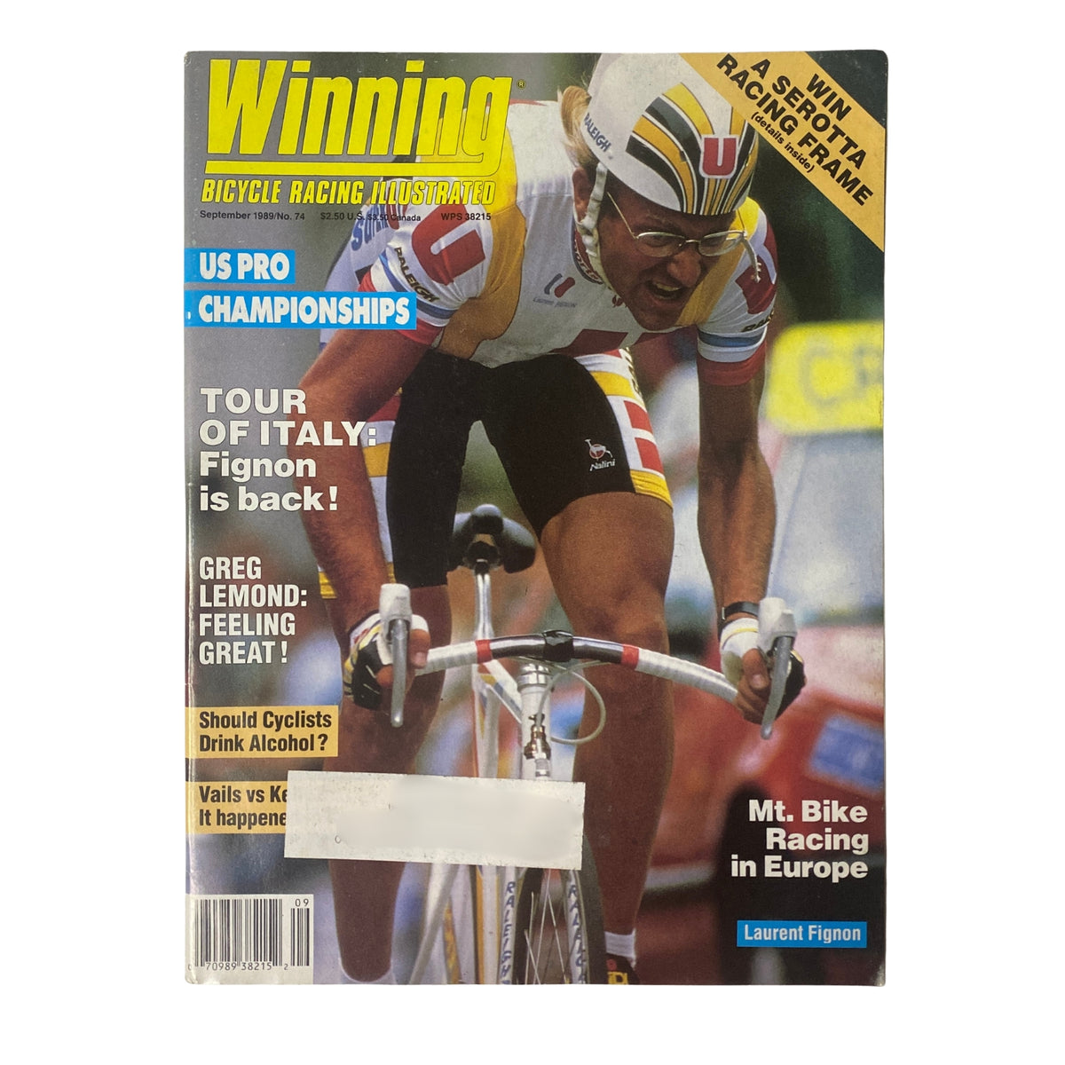 Winning Bicycle Racing Illustrated September 1989, No. 74 featuring Laurent Fignon on the cover, showcasing his return post-Giro d’Italia victory.