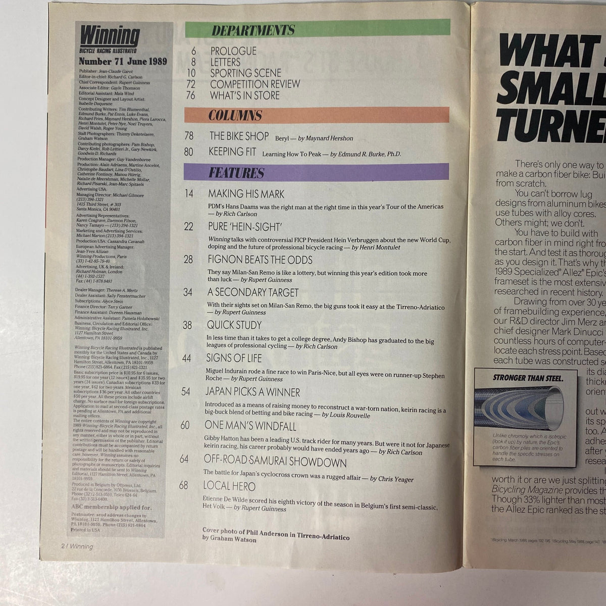 Inside contents page of Winning Bicycle Racing Illustrated June 1989, No. 71, detailing features and departments including articles about various cycling events.