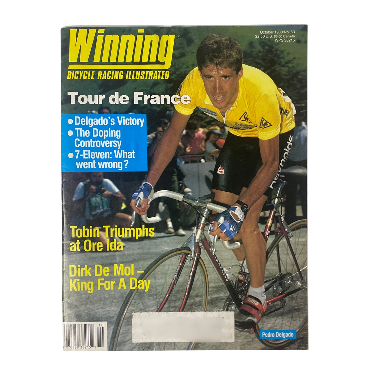 Cover of Winning Bicycle Racing Illustrated – October 1988, No. 63 featuring Pedro Delgado on the bike, highlighting his Tour de France victory.