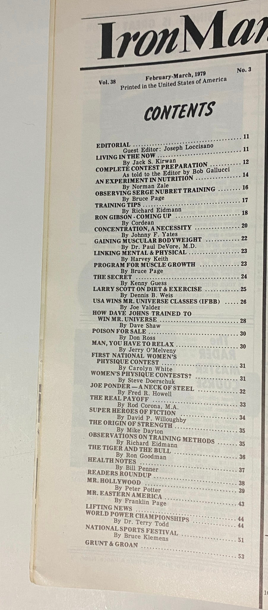 Table of contents from IronMan Magazine March 1979, Volume 38, Number 3, detailing various articles related to bodybuilding, training techniques, and nutritional insights.