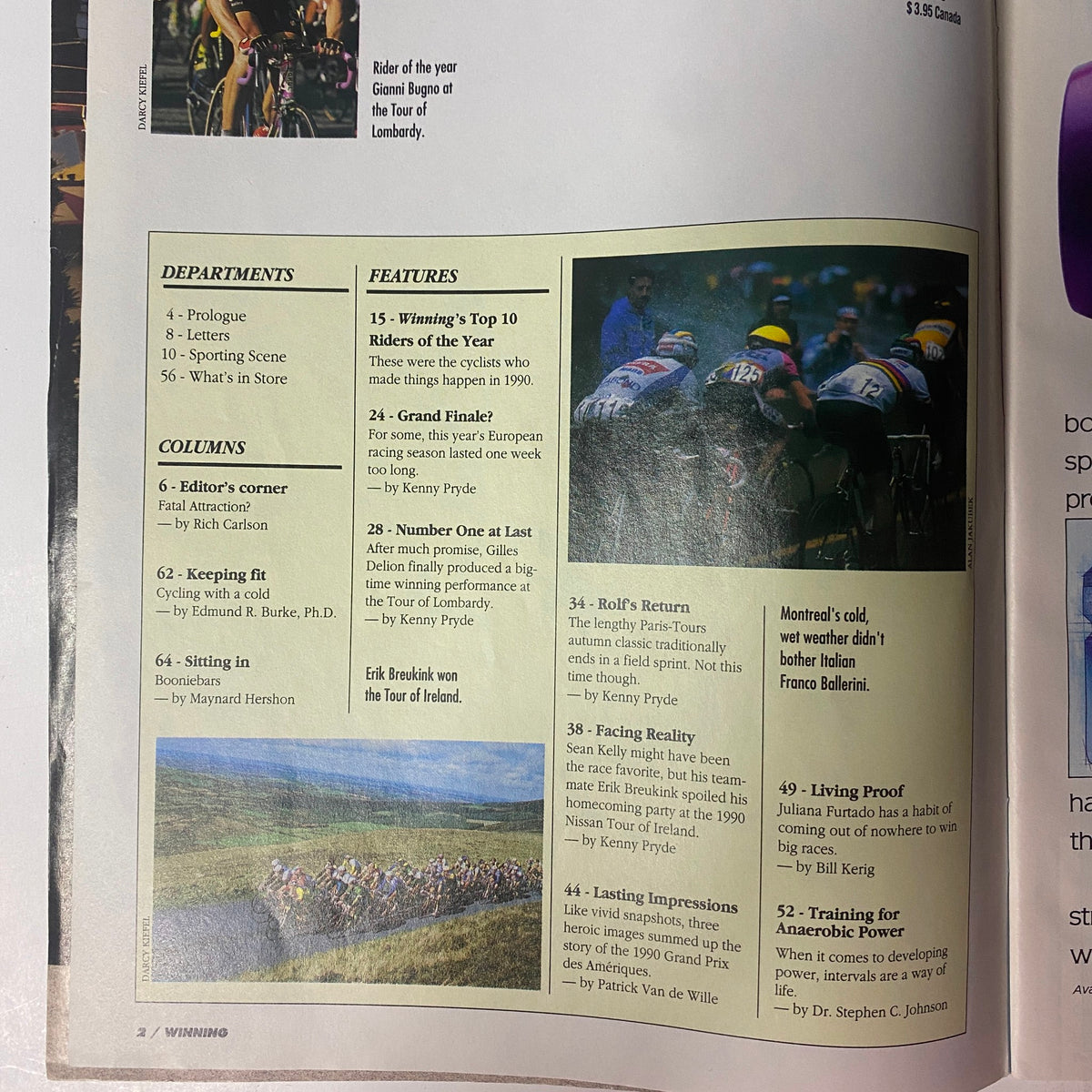 Inside page of Winning Bicycle Racing Illustrated - January 1991, No. 87 detailing departments and features, including columns on fitness and cycling news.