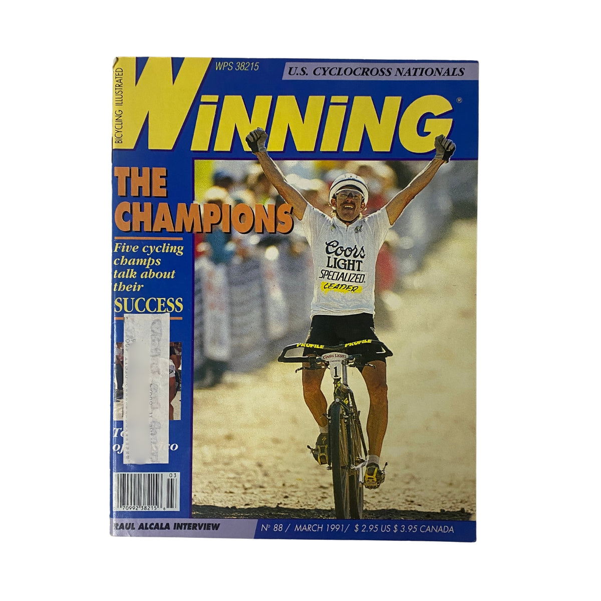 Cover of Winning Bicycle Racing Illustrated, March 1991, No. 88 featuring cyclist celebrating victory, highlighting the issue's focus on champions in cycling.