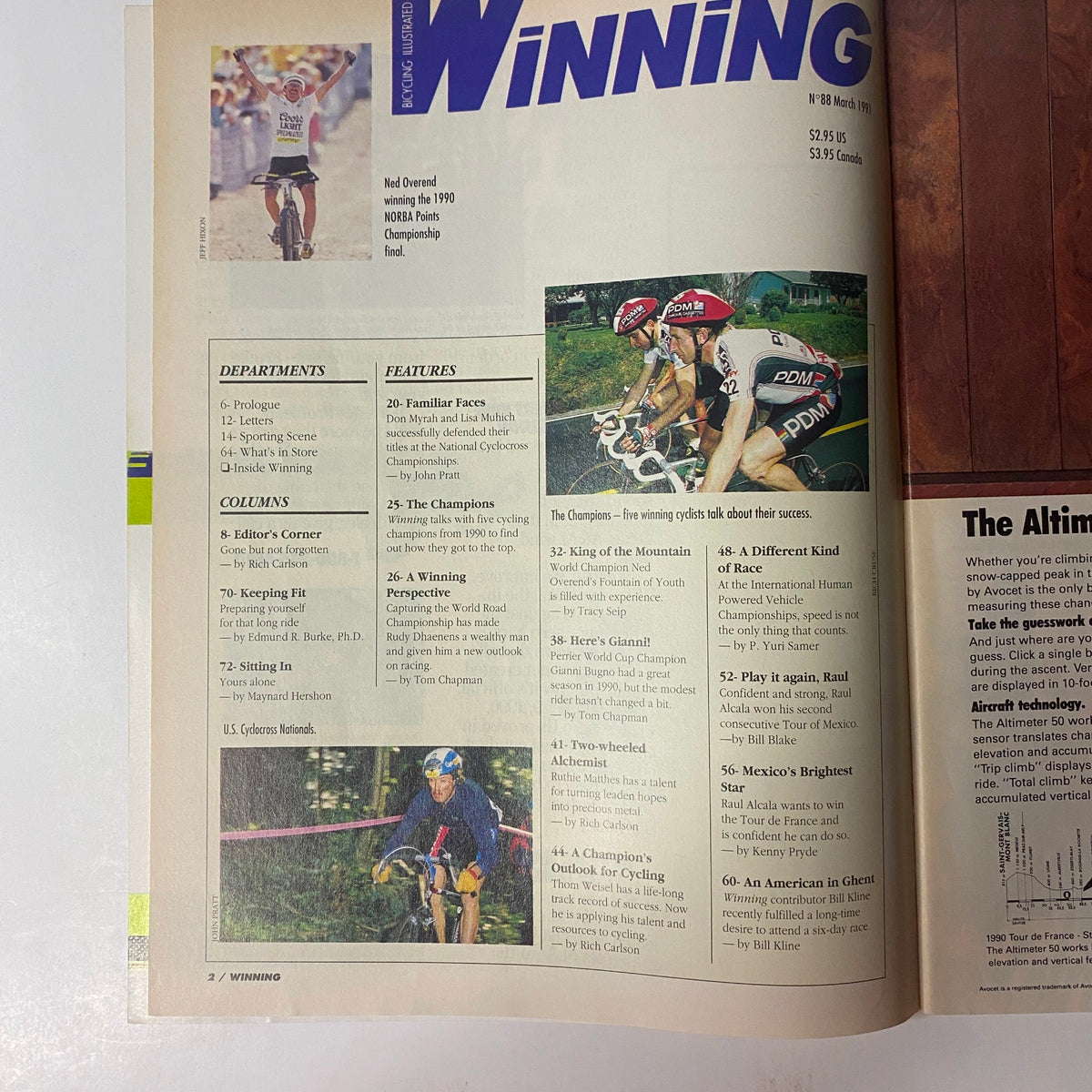 Interior page of Winning Bicycle Racing Illustrated, March 1991, No. 88 displaying contents and features including Ned Overend in a cycling competition.