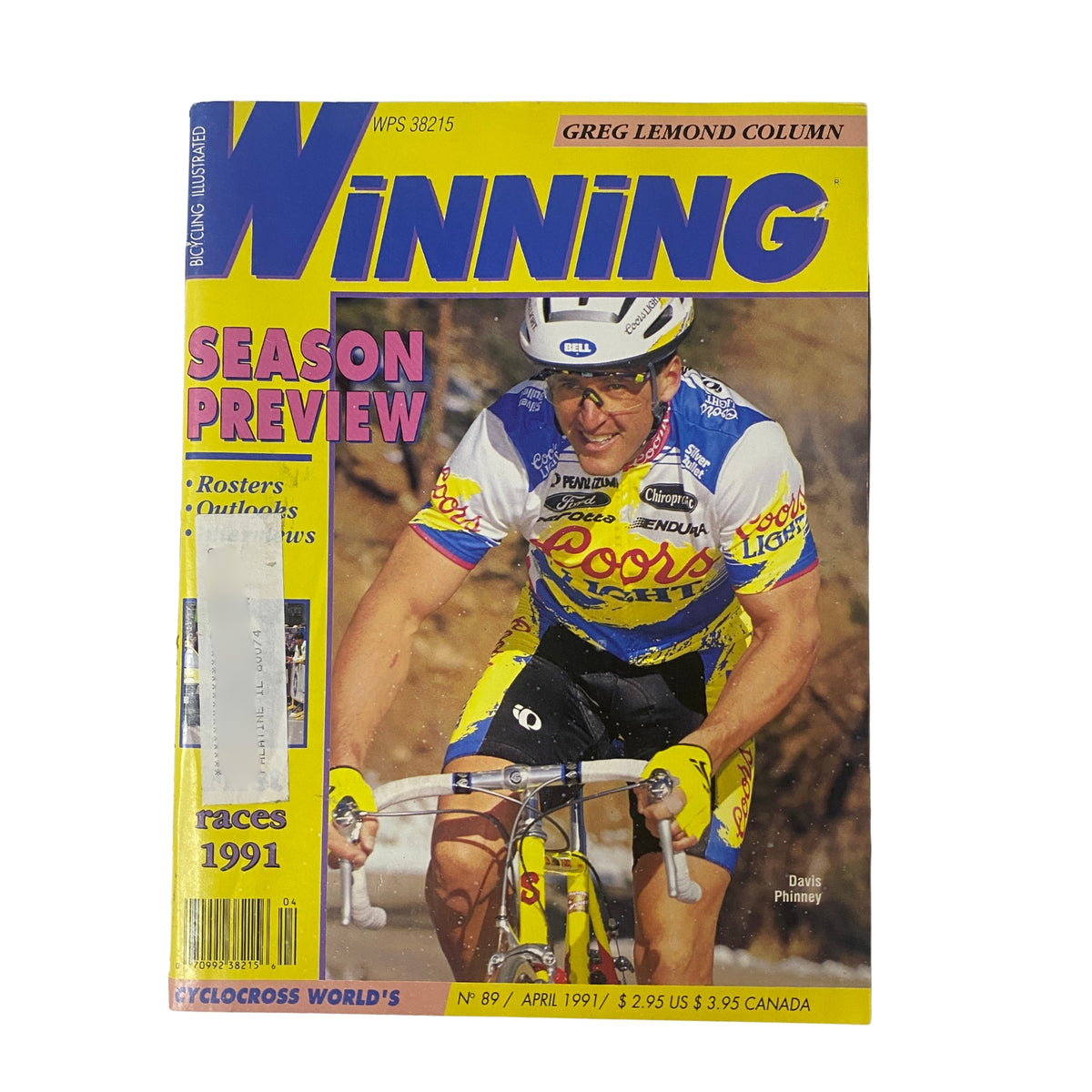 Cover of Winning Bicycle Racing Illustrated, April 1991, No. 89 featuring Davis Phinney in a Coors Light cycling jersey, showcasing the season preview for the 1991 racing calendar.