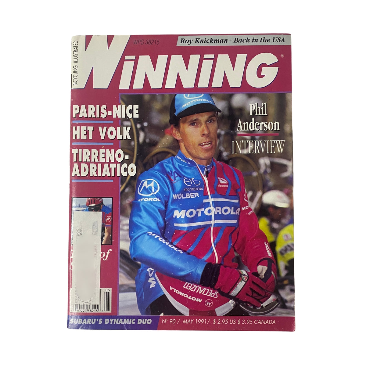 Cover of Winning Bicycle Racing Illustrated, May 1991, No. 90 featuring Phil Anderson in a Motorola team jersey. The magazine highlights cycling events like Paris-Nice and Tirreno-Adriatico.