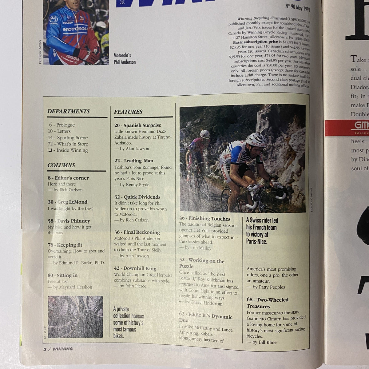 Page from Winning Bicycle Racing Illustrated, May 1991, No. 90, featuring article contents and columns, highlighting cycling topics related to Phil Anderson.