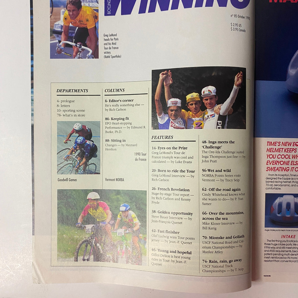 Inside page of Winning Bicycle Racing Illustrated October 1990, No. 85, featuring coverage of Greg LeMond's Tour de France triumph and various cycling events.