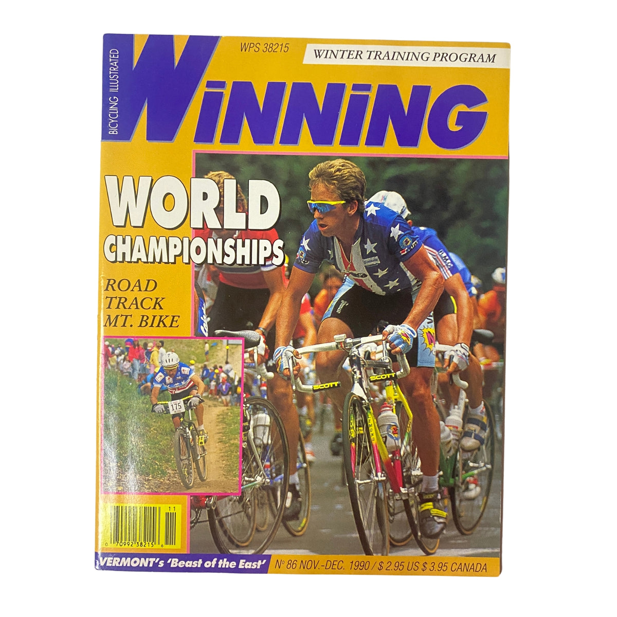 Cover of Winning Bicycle Racing Illustrated, November 1990, No. 86 featuring Greg LeMond in action during a cycling race, with bold title and details about road, track, and mountain biking championships.