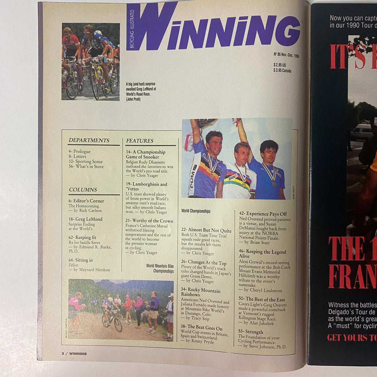 Interior page of Winning Bicycle Racing Illustrated, November 1990, No. 86 showing contents overview including departments, features, and columns related to cycling events and notable athletes.