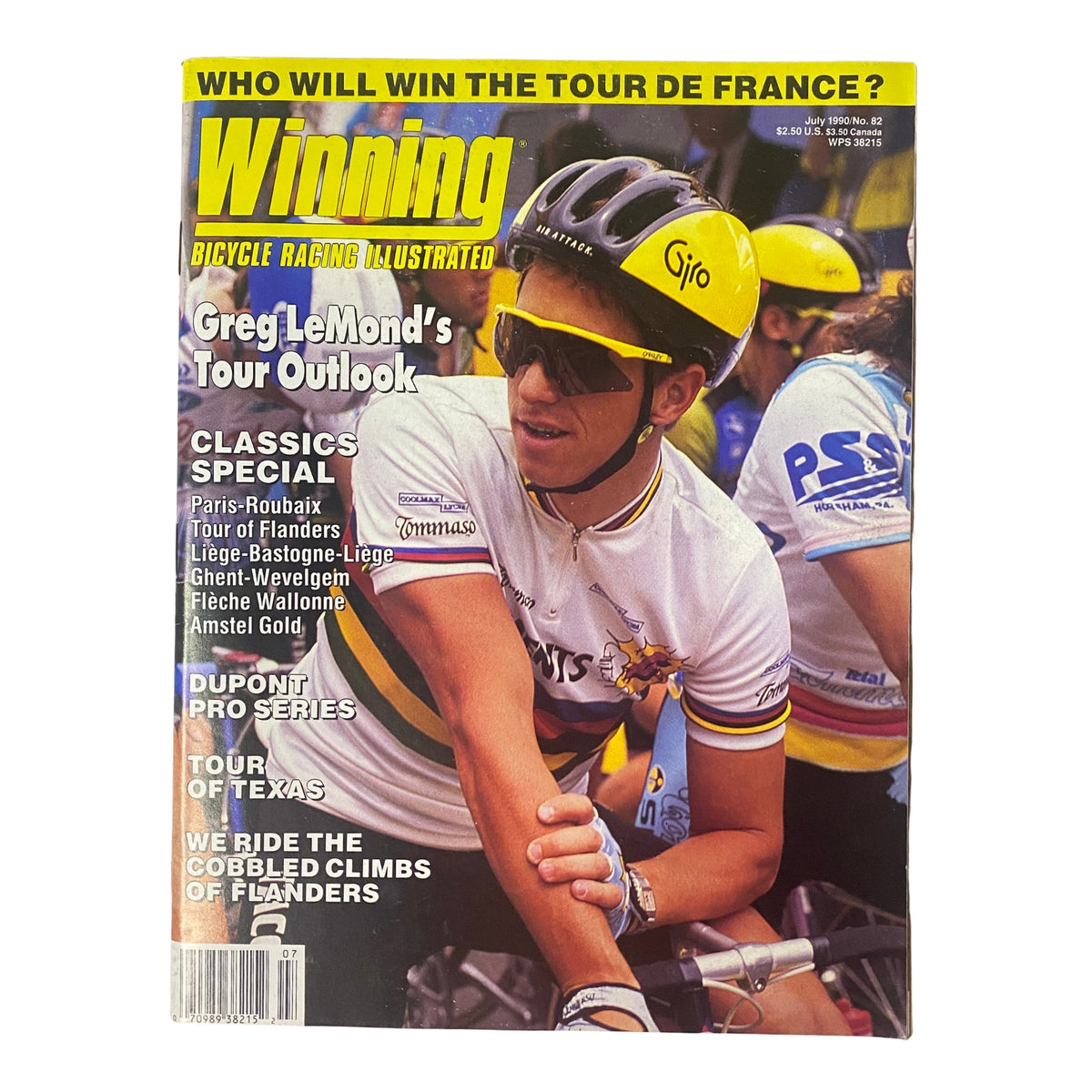 Cover of Winning Bicycle Racing Illustrated, July 1990, No. 82 featuring Greg LeMond in sunglasses, showcasing his tour outlook and highlighting cycling events like the Paris-Roubaix and Flèche Wallonne.