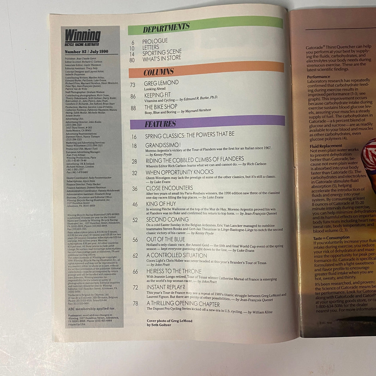 Inside spread of Winning Bicycle Racing Illustrated, July 1990, No. 82, detailing the magazine's departments and features, including columns on cycling insights and the Spring Classics.