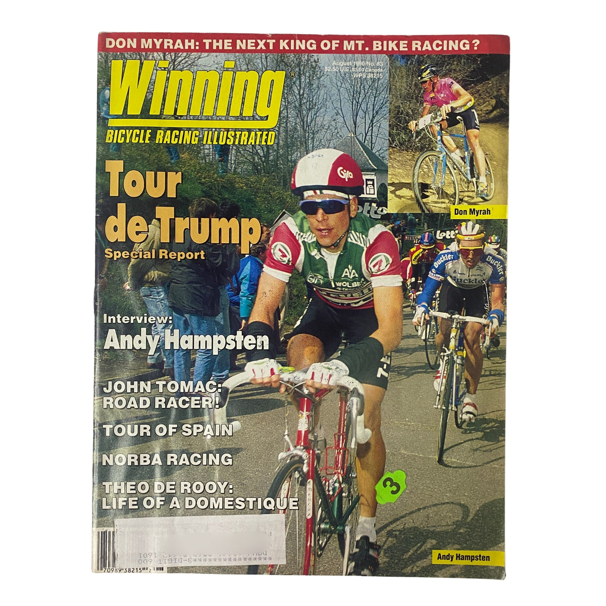 Cover of Winning Bicycle Racing Illustrated, August 1990, No. 83 featuring Andy Hampsten, Don Myrah, and cycling highlights including Tour de Trump Special Report and interviews with top cyclists.