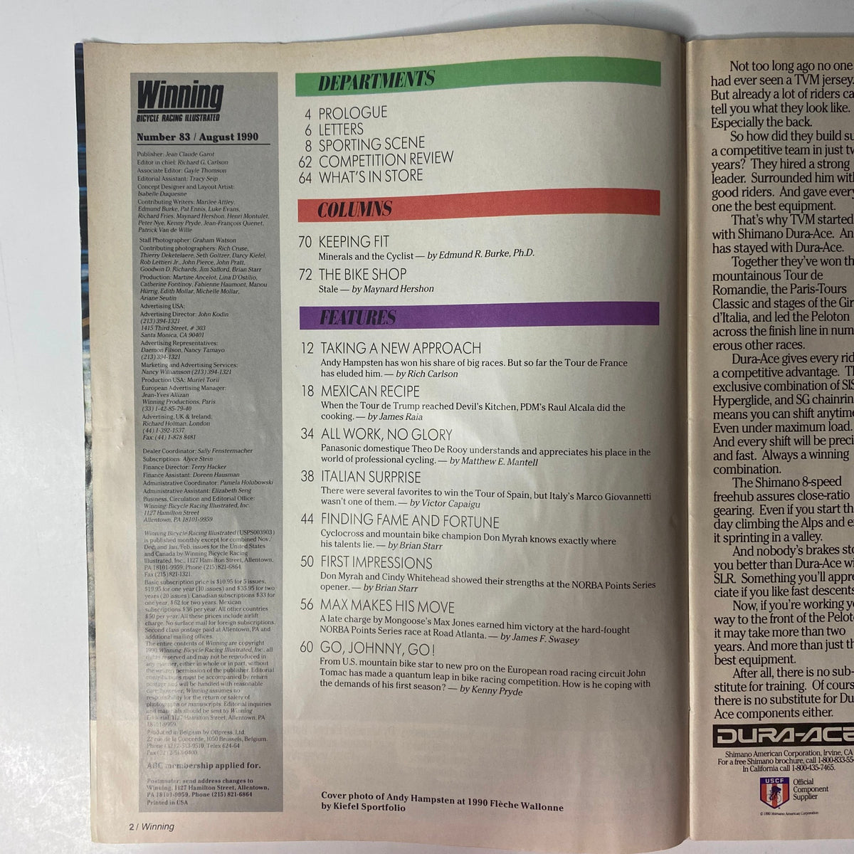 Interior page of Winning Bicycle Racing Illustrated, August 1990, No. 83 detailing the magazine's departments, columns, and features on professional cycling.