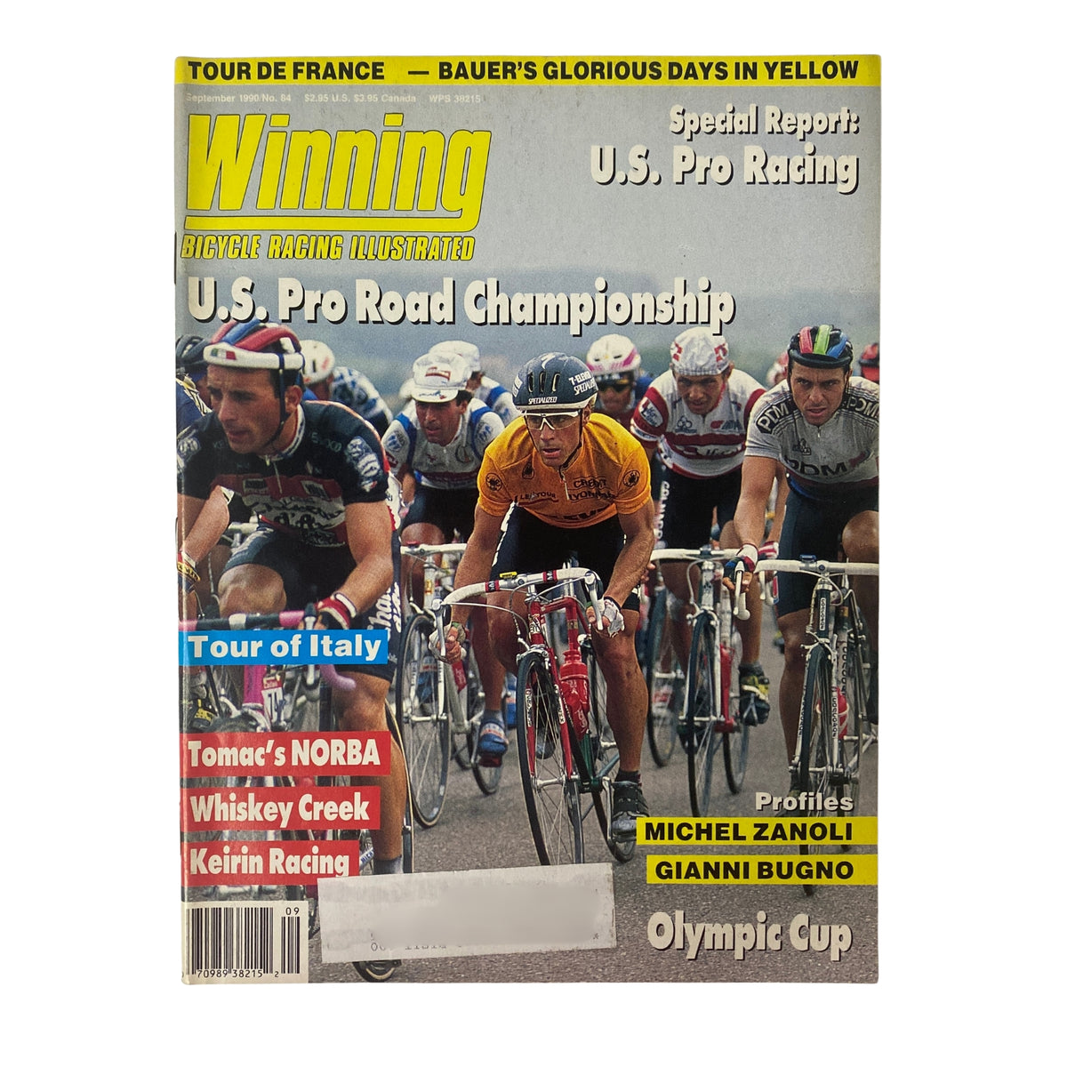 Cover of Winning Bicycle Racing Illustrated, September 1990, No. 84 featuring Steven Bauer, showcasing competitive cyclists in a thrilling race scene with a focus on U.S. Pro Racing and the excitement of the Tour de France.