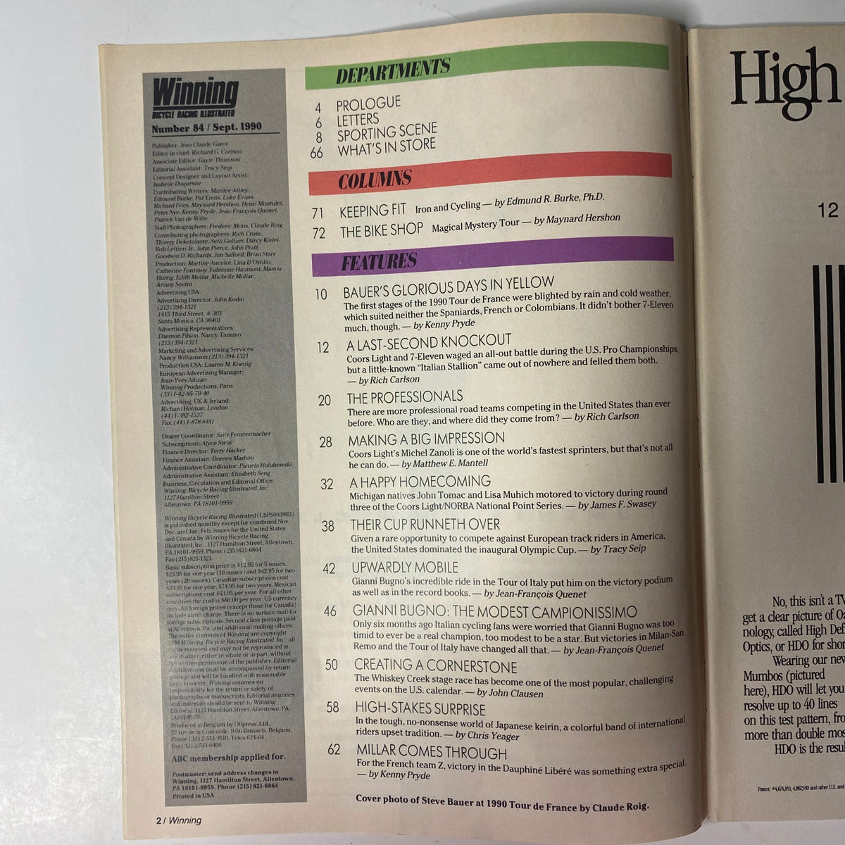 Winning Bicycle Racing Illustrated September 1990, No. 84 - Table of contents featuring coverage of Steven Bauer's Tour de France performance and various cycling articles.
