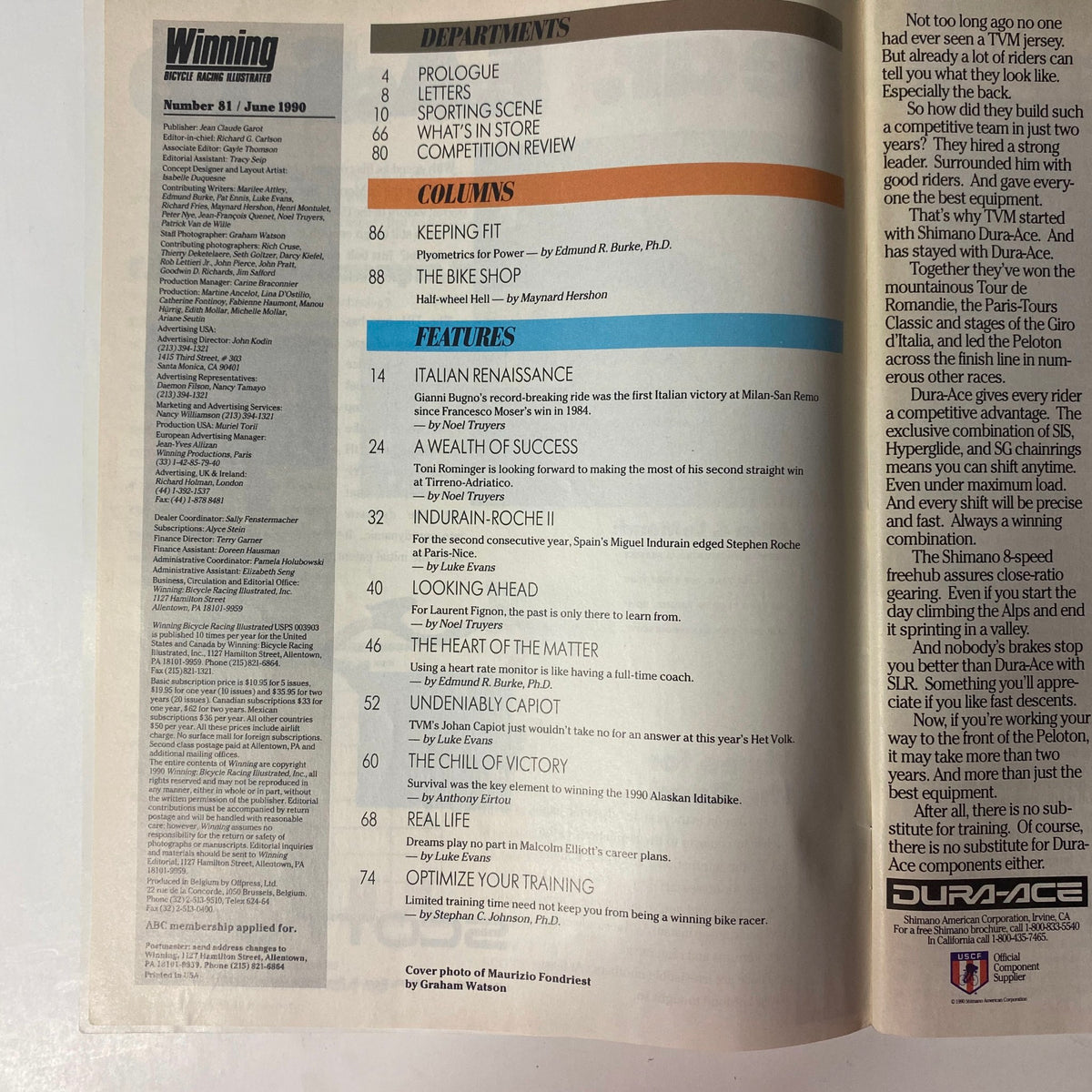 Inside page of Winning Bicycle Racing Illustrated, June 1990, No. 81, listing departments and columns, showcasing articles on cycling events and training tips.