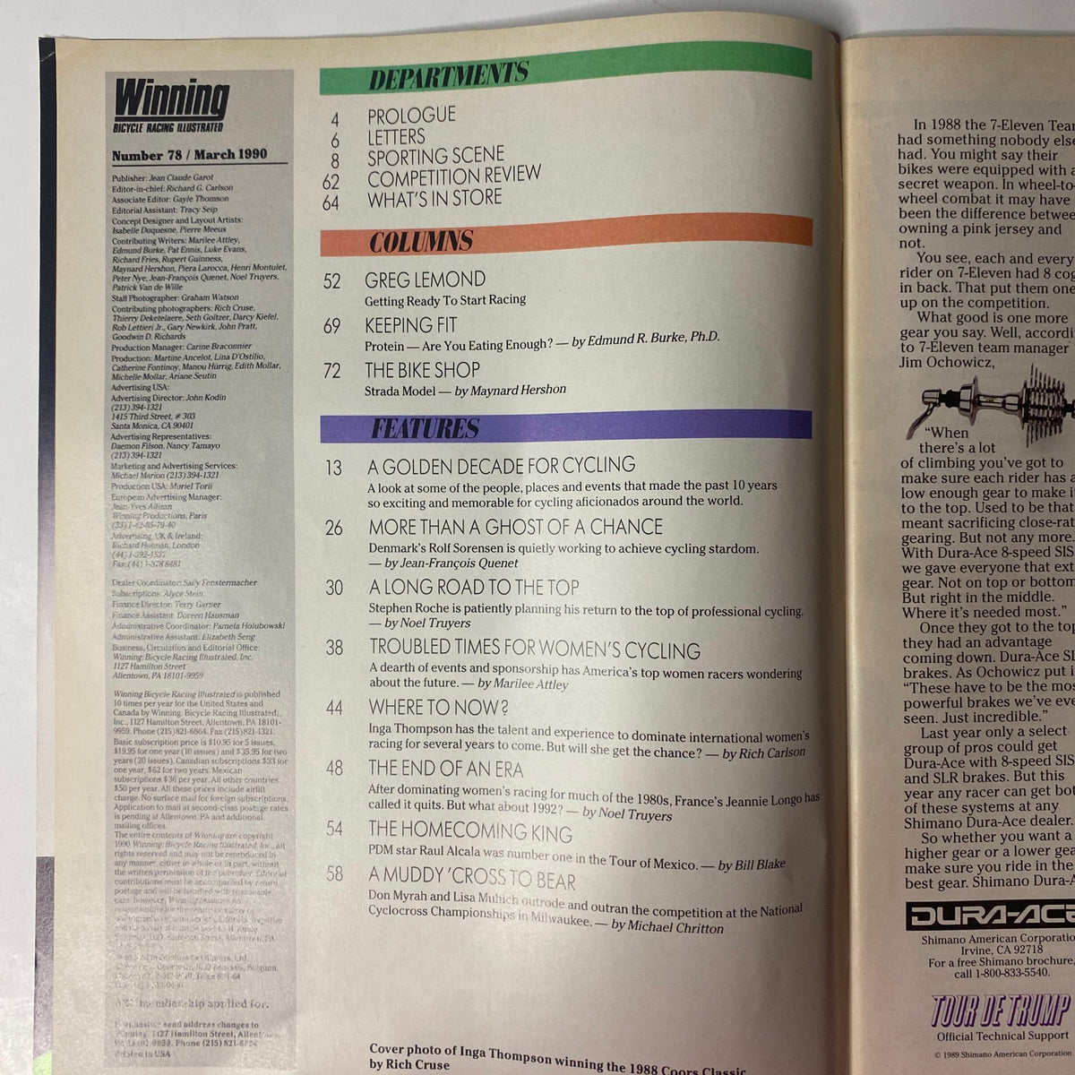 Pages from Winning Bicycle Racing Illustrated, March 1990, No. 78. Contents list featuring departments and features of the magazine, focusing on cycling's transition into the 1990s.