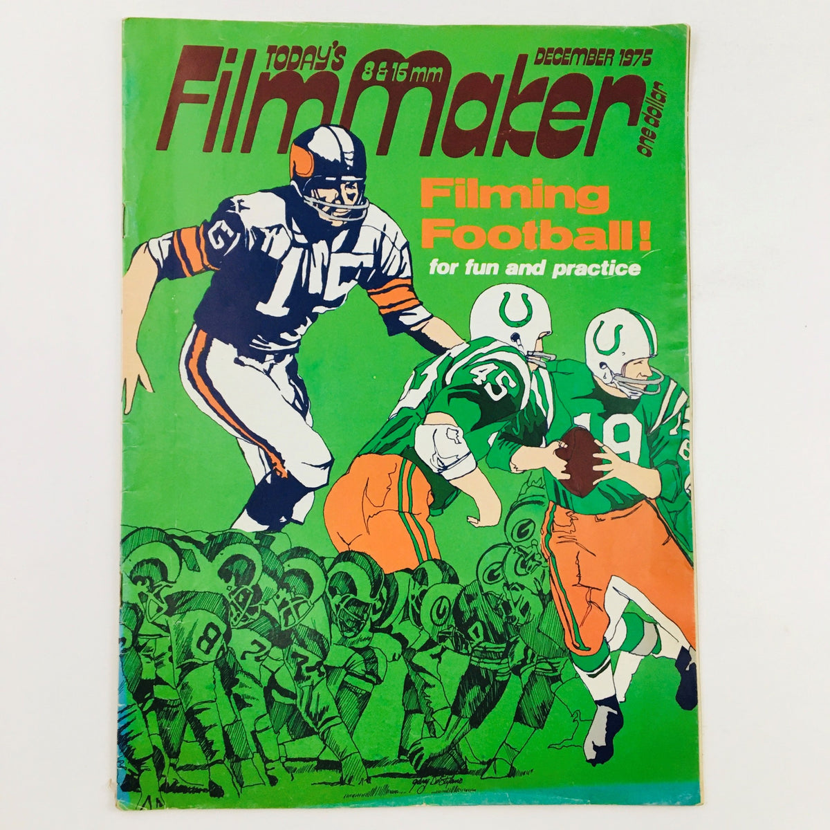 Cover of Today's Film Maker Magazine, December 1975 edition, featuring an illustration of football players with the title 'Filming Football!' for fun and practice.