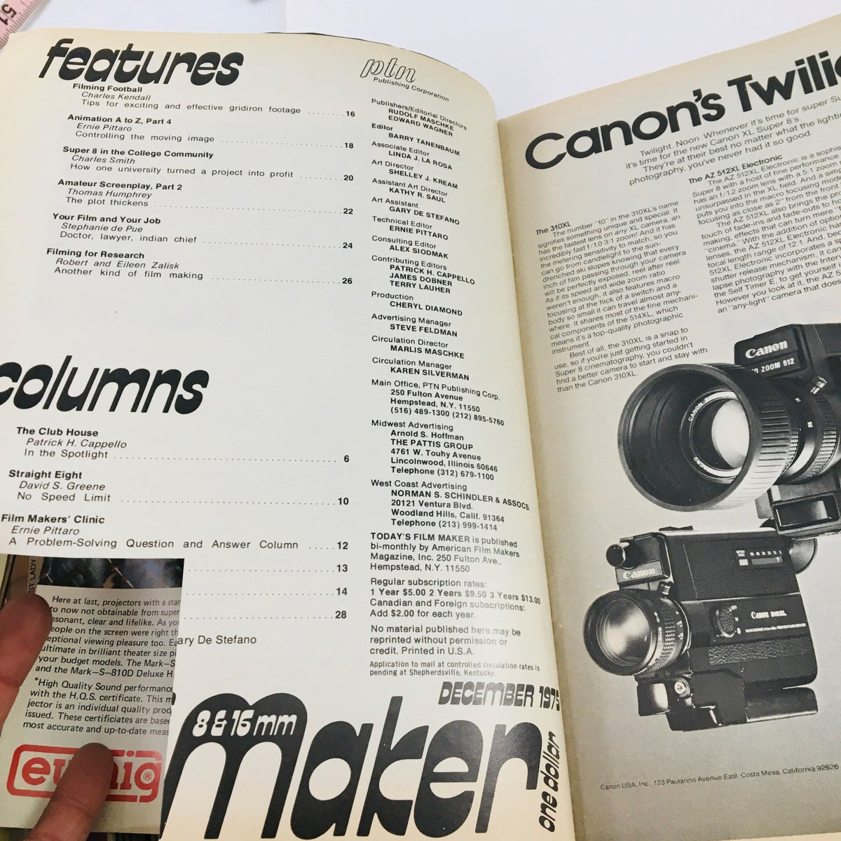 Inside page from Today's Film Maker Magazine, December 1975, showcasing features and columns related to filmmaking, including a section on filming football.