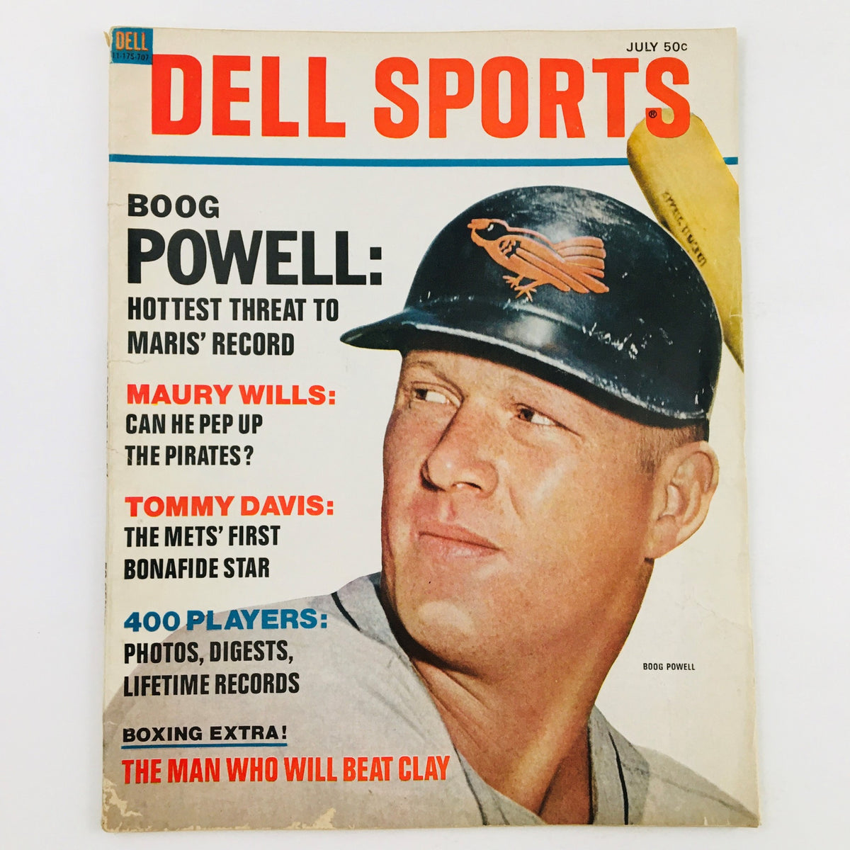 Cover of Dell Sports Magazine from July 1967 featuring Boog Powell as the hottest threat to Maris' record, along with Maury Wills and Tommy Davis. Highlights include additional features on 400 players and a boxing extra.