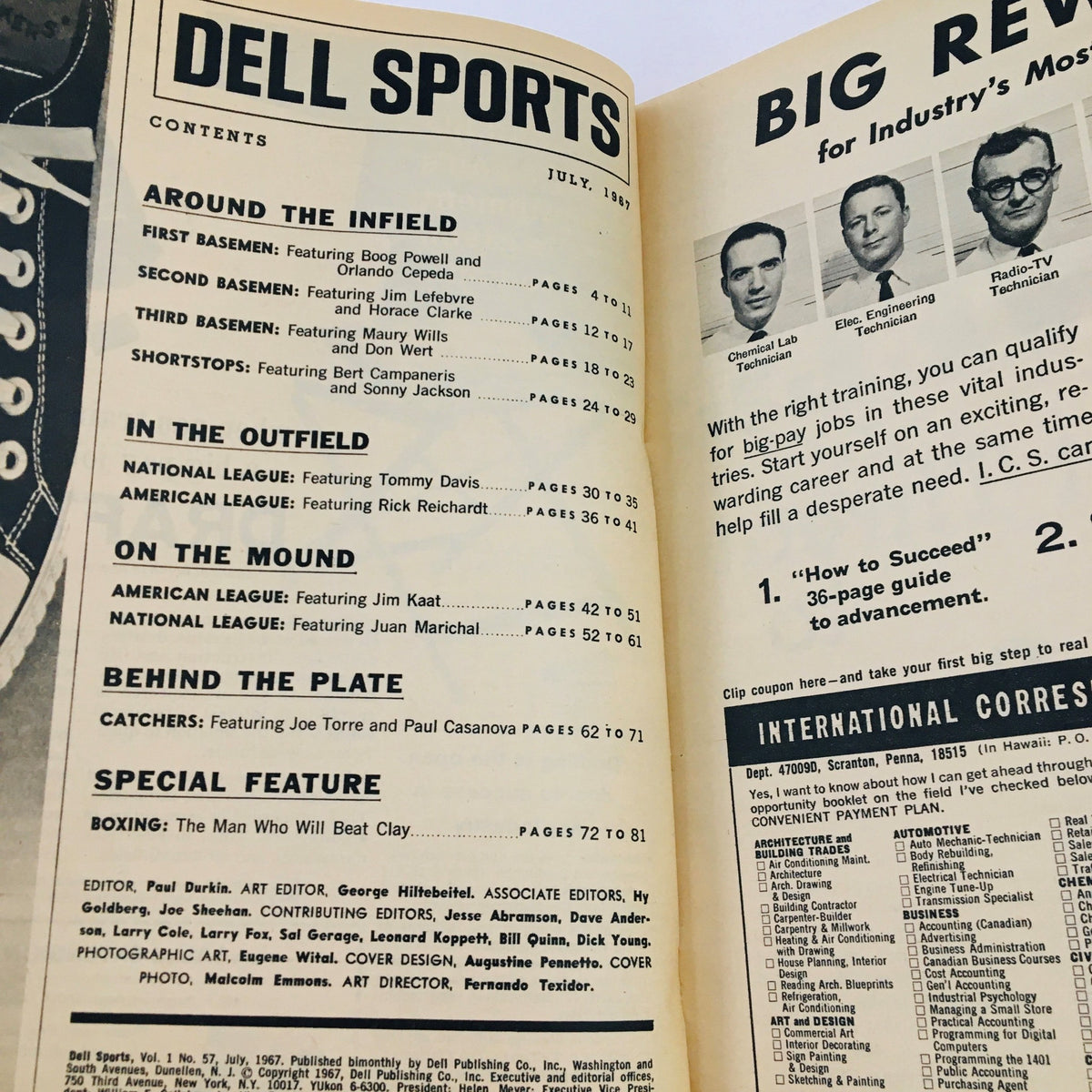 Inside page of the Dell Sports Magazine from July 1967 displaying the table of contents, featuring sections on players including Boog Powell, Maury Wills, and Tommy Davis, with a special feature on boxing.