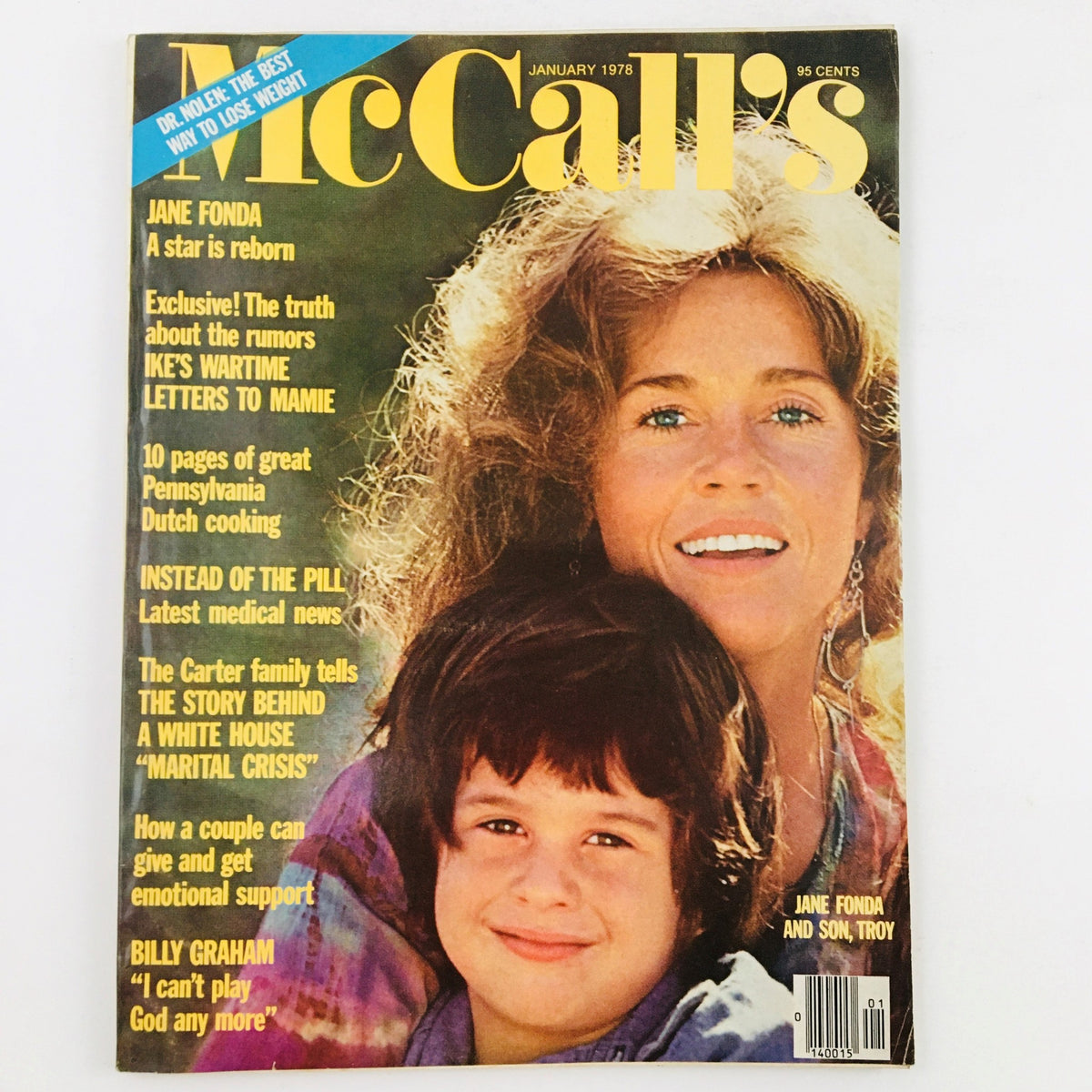 Cover of McCall's Magazine January 1978 featuring Jane Fonda and her son Troy, showcasing iconic photography and vintage design.