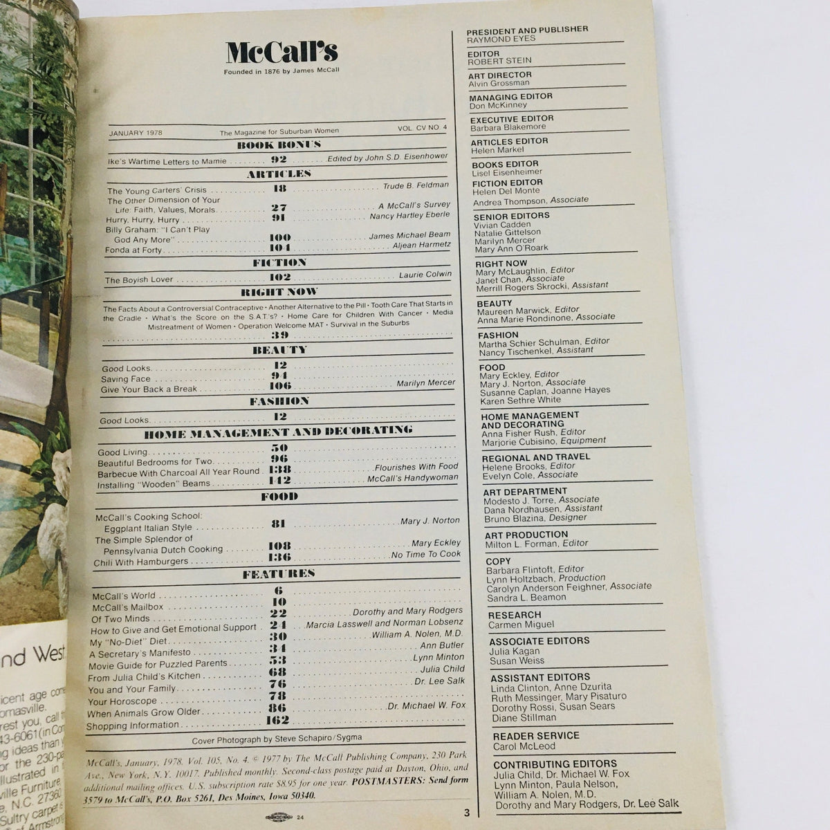 Interior page of McCall's Magazine January 1978 featuring table of contents and article listings.
