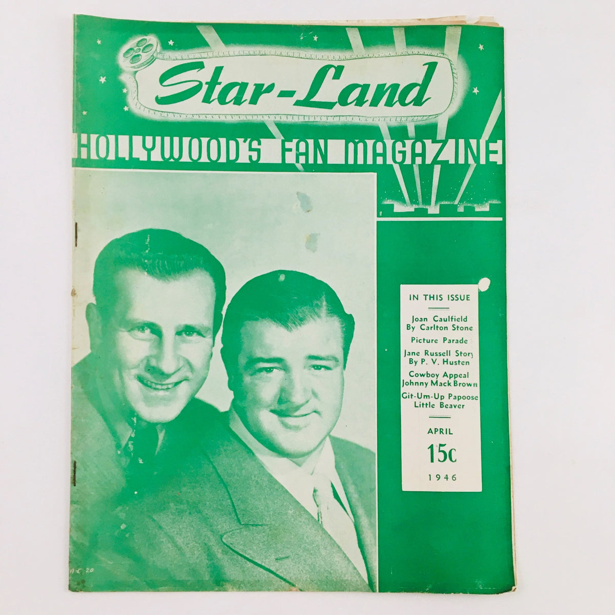Star-Land Hollywood's Fan Magazine April 1946 featuring the Jane Russell Story, showcasing a vintage cover photo of two smiling men with a green background and iconic magazine title.