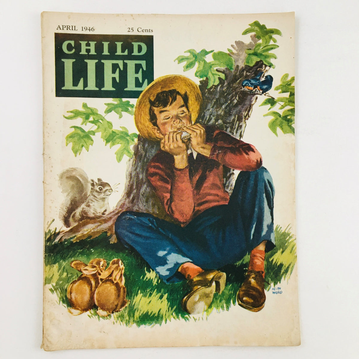 Cover of Child Life Magazine from April 1946 featuring a young boy playing a harmonica under a tree with a squirrel and two rabbits, titled 'Child Life'.
