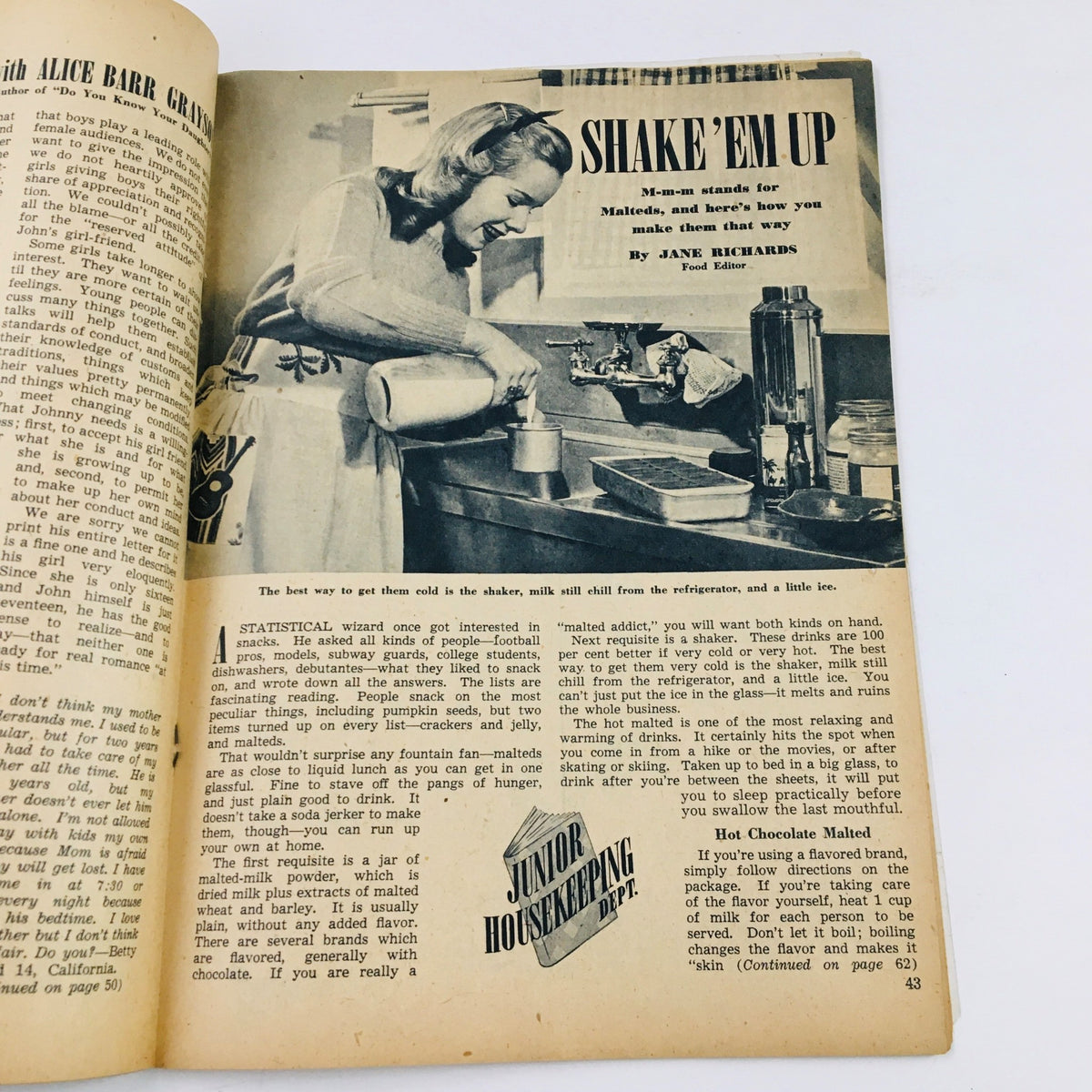 Interior page from Calling All Girls Magazine, March 1946, showcasing a woman preparing a malted drink, reflecting post-war women's roles and domestic life.
