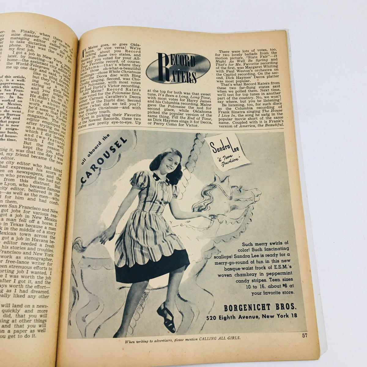 Interior page from Calling All Girls Magazine, March 1946, featuring an advertisement for a dress with a young woman in a striped dress, illustrating 1940s fashion trends.