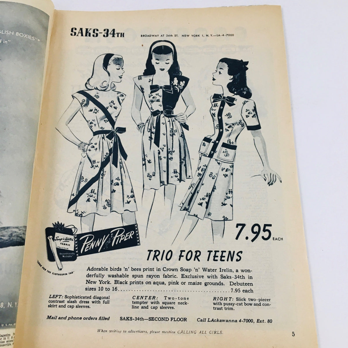 Interior page of Calling All Girls Magazine February 1946 highlighting a fashion advertisement for women's dresses from Saks, depicting three stylish designs available for purchase.
