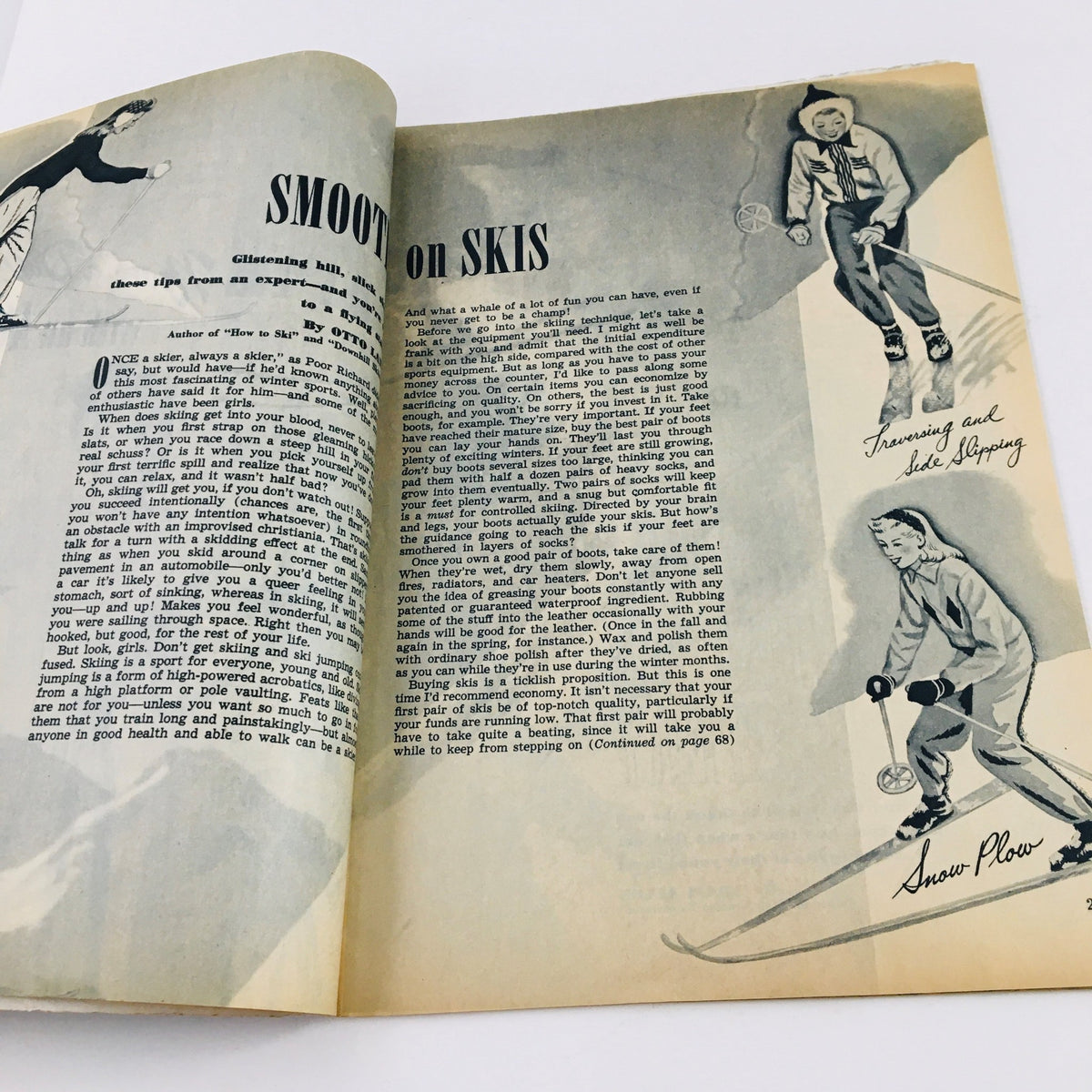 Interior page from Calling All Girls Magazine February 1946 showing tips on skiing, illustrated with images of skiers and text about skiing techniques.