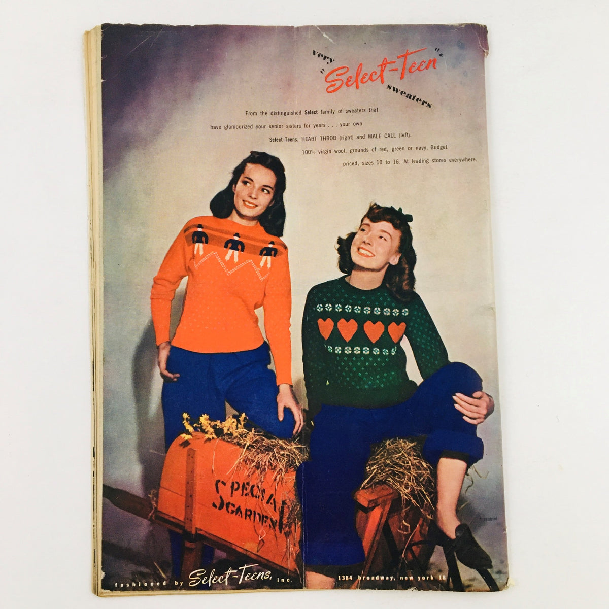 Cover of Calling All Girls Magazine February 1946 featuring two girls dressed in colorful sweaters, promoting Select-Teen sweaters with a vintage aesthetic.