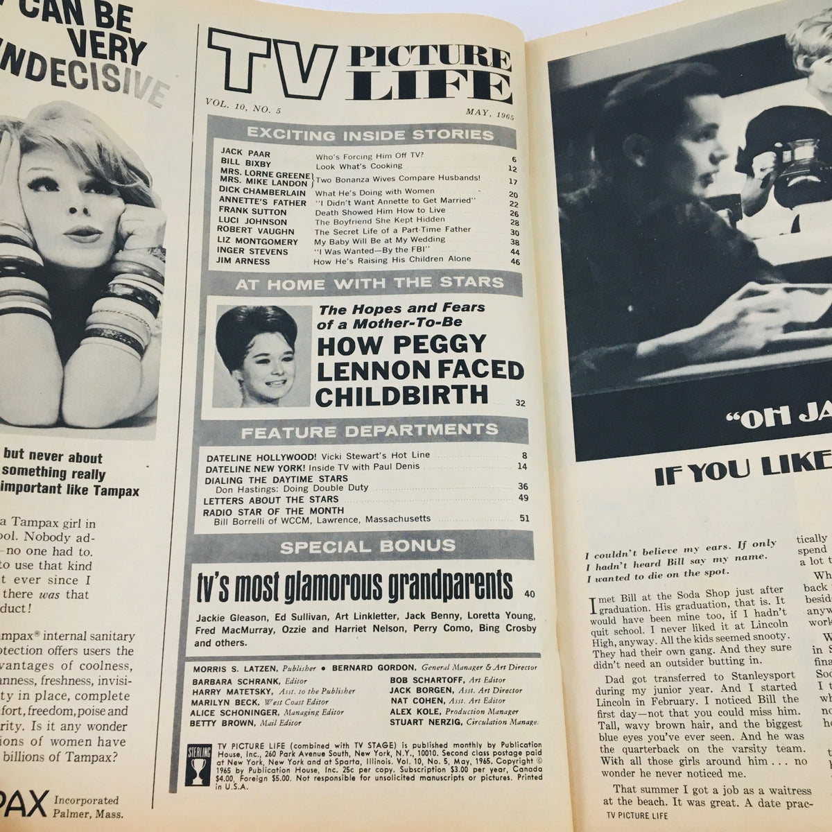 Inside page of TV Picture Life Magazine May 1965 listing featured articles, including 'How Peggy Lennon Faced Childbirth' positioned prominently, showcasing vintage magazine layout.