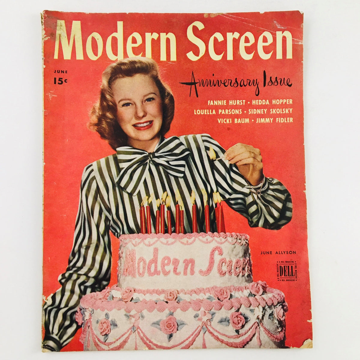 Cover of Modern Screen Magazine June 1945 featuring actress June Allyson, celebrating the anniversary issue with a birthday cake and candles, showcasing vintage Hollywood charm and a glimpse of post-war culture.