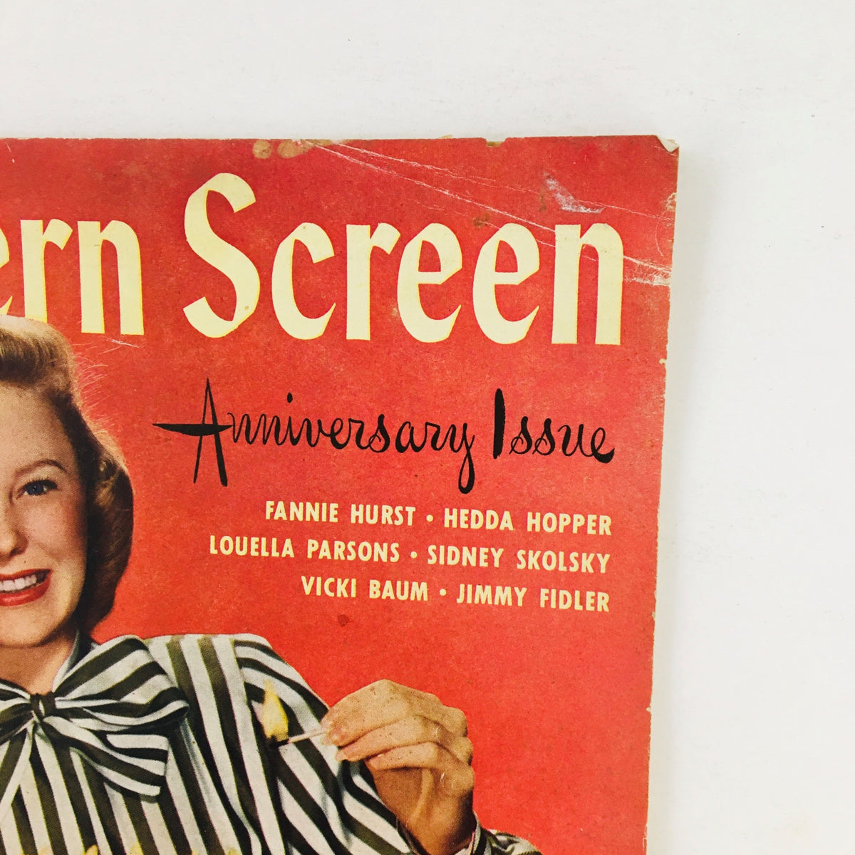 Cover of Modern Screen Magazine June 1945 featuring actress June Allyson, highlighted as an anniversary issue with the names of notable contributors including Fannie Hurst and Hedda Hopper.