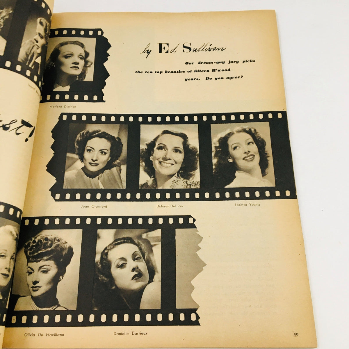 A feature in Modern Screen Magazine June 1945 highlighting ten top Hollywood beauties, including portraits of various actresses on a film strip.