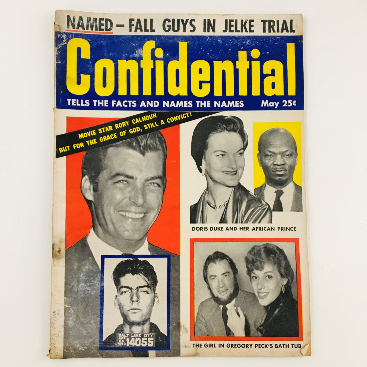 Confidential Magazine May 1955 cover featuring movie star Rory Calhoun, Doris Duke, and Gregory Peck, highlighting sensational celebrity stories.