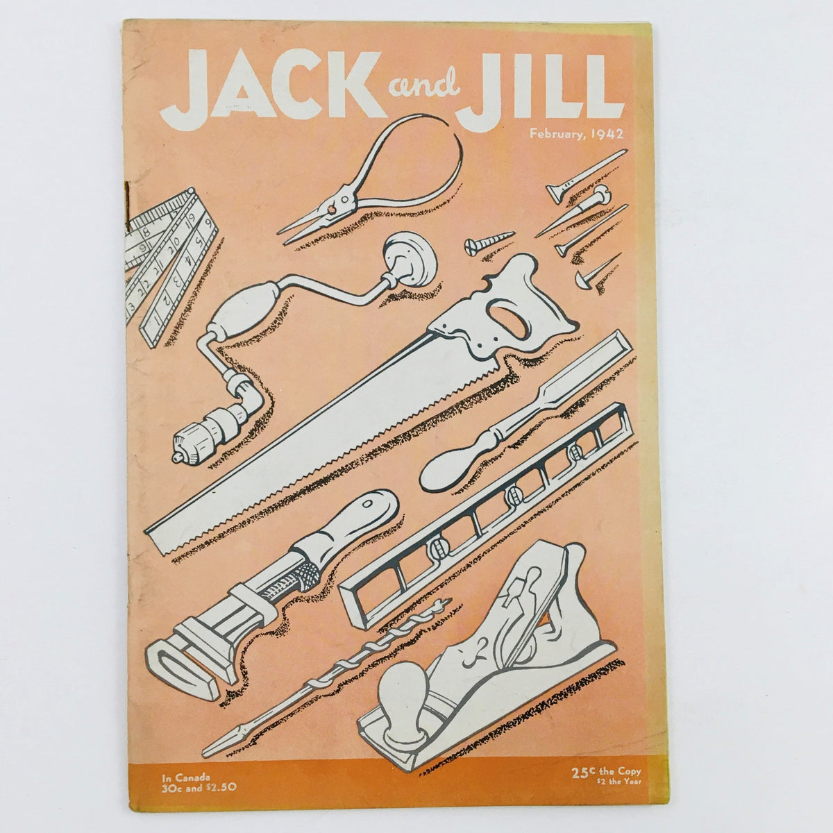 Cover of Jack and Jill Magazine February 1942 featuring tools and illustrations, showcasing the whimsical theme 'Pussycat in the Butcher Business'.
