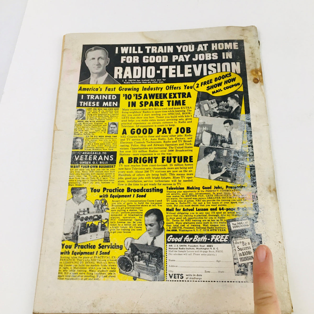Back cover of Confidential Magazine March 1954 advertising for radio-television training programs with vibrant graphics.