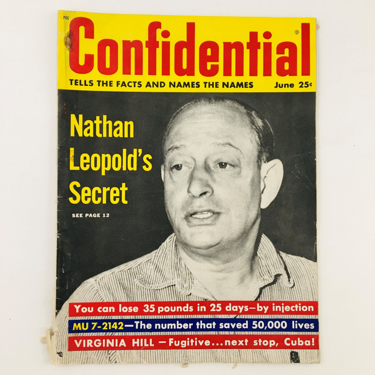 Cover of Confidential Magazine June 1958 featuring Nathan Leopold's Secret, showcasing bold yellow and red text with a prominent image of Nathan Leopold.
