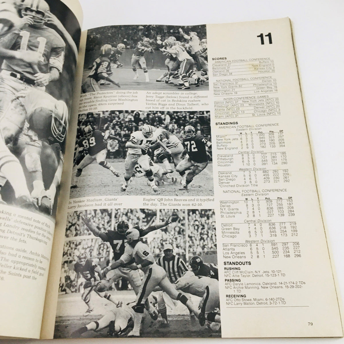 Statistical overview section from the ProLog Official NFL Annual 1973 Magazine, highlighting scores, standings, and standout player performances.